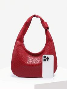 1pc Women's Vintage Minimalist Casual Angola Red Faux Woven Artificial Leather Large Capacity Shoulder Bag Suitable For Outing, Dating, Commuting - Red - View 4