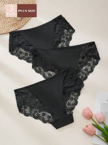 3件大码对比色蕾丝透视性感丁字裤 - 黑色 - 查看 2