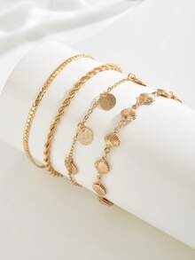 4pcs/Set Summer Gold Metal Disc Tassel Anklet, Handcrafted Ocean Style Shell Chain Beach Jewelry For Women, Suitable For Daily Wear, Beach Travel, And Dates