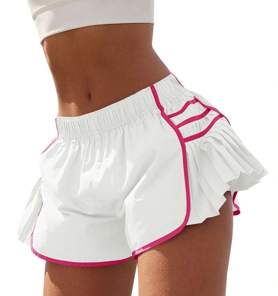 Fisoew Women's Workout Shorts - Lightweight Quick Dry Gym Running Shorts With Pleated Contrast Stitch | High Waisted Athletic Shorts, Yoga Tennis Volleyball, Plus Size, Summer Activewear - 白色 - 查看 1