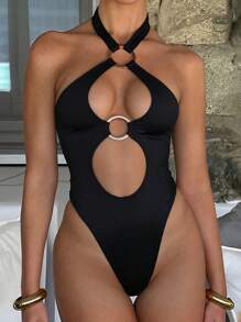 Summer 1pc High Rise Cut Out Swimsuit One-Piece Tummy Control Bathing Suit Halter Circled Swimwear Women Beach Outfit For Vacation