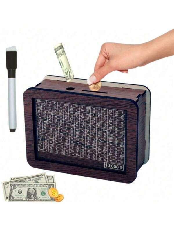 1pc Decorative Piggy Bank DIY Wooden Money Box, Pen Delivery, Reusable, Writing. Best For Coins And Paper Money