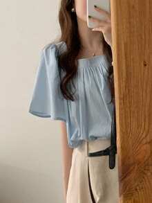 Summer Puff Sleeve Square Neck Casual Short Sleeve Blouse - Blue - View 2