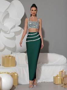 Modphy New Sparkling Rhinestone Camisole + Long Skirt Sexy Two Pieces Set, Elegant Women's Holiday Party Bandage Outfit - Dark Green - View 2