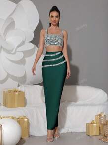 Modphy New Sparkly Rhinestone Strap Top + Long Skirt Sexy 2 Pieces Set, Elegant Ladies Party Holiday Outfit