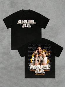 Camiseta de hip-hop de moda, "ANUEL AA" con llamativas palabras tridimensionales, cuello redondo, manga corta, 100% algodón, 220 gramos de algodón grueso. - Negro - Ver 1