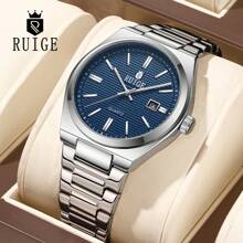 RUIG Relógio de Quartzo de Luxo Masculino da RUIGE, Pulseira de Aço Inoxidável, Calendário, Mostrador Azul, Relógio de Pulso Casual de Negócios, Presente para Homens