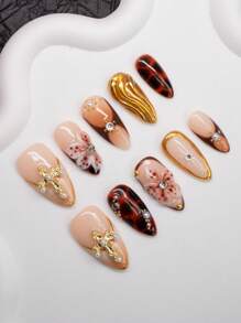 Spring/Summer Handmade Almond-Shaped Y2K Baddie Style Nail Tips, Brown, Nude, Gold Color, With Handcrafted Floral, Cross, Rhinestone, Pearl, Leopard Print Design, Suit For Women & Girls, Shiny, 10pcs/Pack 3 Sizes, Suitable For Party, Ball, Daily Wear, Includes Tool Kit, Can Be A Gift For Ladies.
