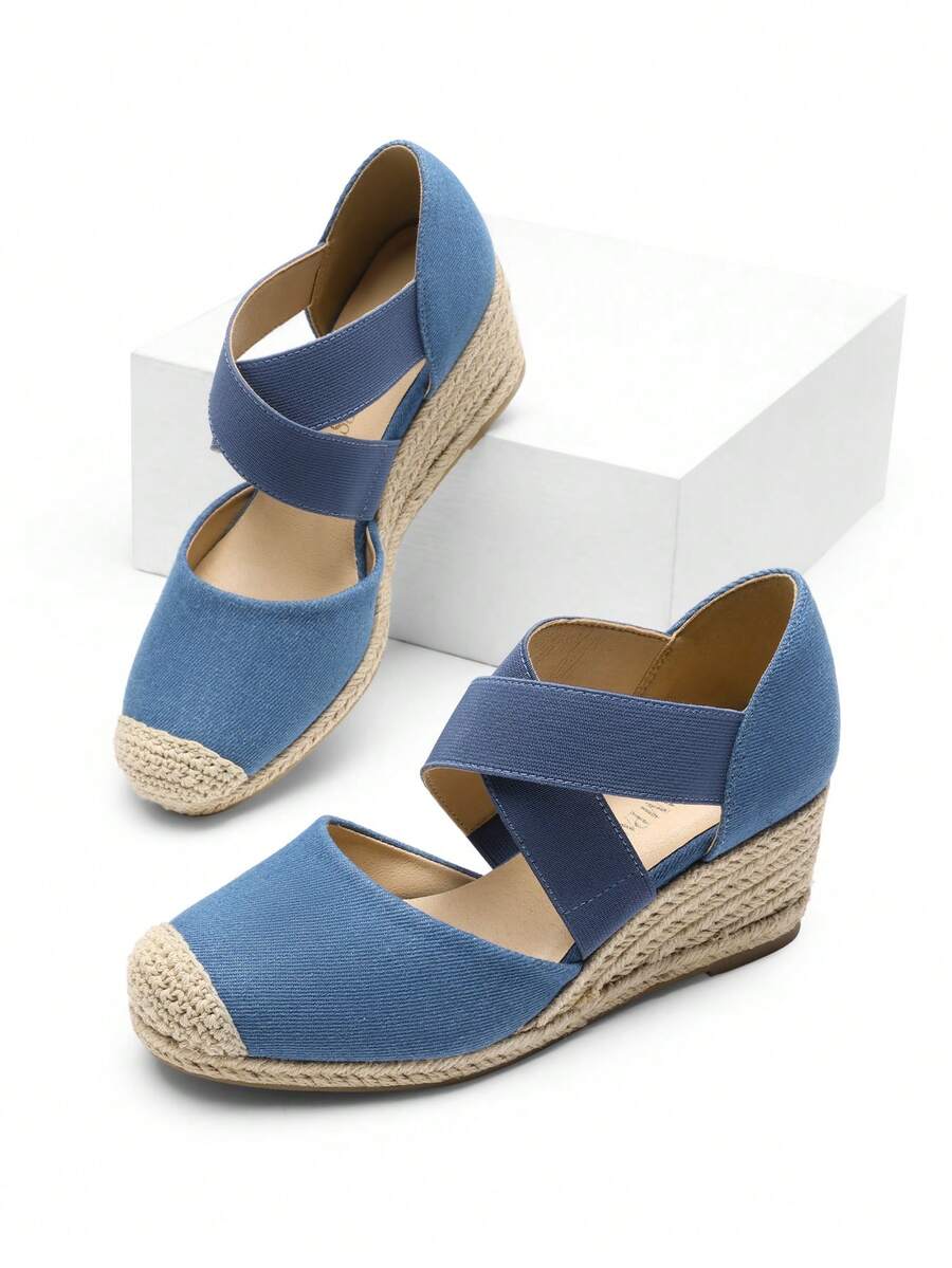 Women's Close Toe Espadrilles Platform Slip On Elastic  Cross Straps Dressy Wedges Sandals Matching Dress - 藍色 - 查看 1