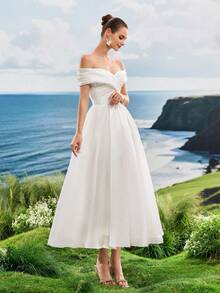 Elasola 亮面缎面露肩优雅晚礼服 白色A字仙女风新娘送礼会礼服 婚礼季 优雅