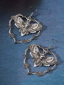 哥特式蝴蝶花朵心形耳环，哥特式朋克女式耳环 - 銀色 - 查看 2