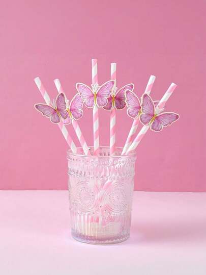 7pcs/Set Butterfly Paper Straws - Perfect Accessories For Birthday And Wedding Parties, High-Quality Drink Supplies, Suitable For Weddings, Bridal Showers, Baby Showers, Birthdays And Other Celebration Events - Decorative Drinking Straws For Parties And Celebrations,School Supplies