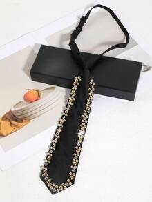 1pc Men's Fashion Shiny Crystal Faux Pearl Edged Tie, Suitable For Dates, Parties, Weddings, Groomsmen - Black - View 8