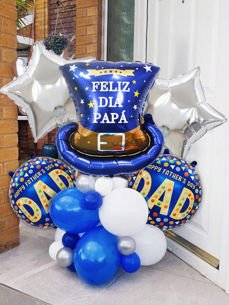 5pcs/Set Father's Day Decoration Balloons, Includes Father's Day Blue Gentleman Hat Balloon, "Feliz DIA Papa" Print, Blue Round "Happy Father's Day" Balloon, Silver Star, And "Happy Father's Day" Balloon, Suitable For Father's Day Party, Dad's Birthday Decorations, Best Father's Day Balloons, Indoor And Outdoor Decor - Multicolor - View 1