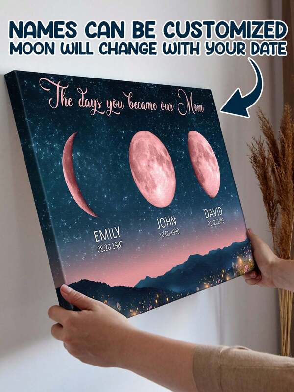 Familienthemiger individueller Leinwanddruck, personalisiertes Geschenk für Mama, individueller Mondphasen-Kunstdruck, personalisierte Wanddekoration mit Namen und Daten