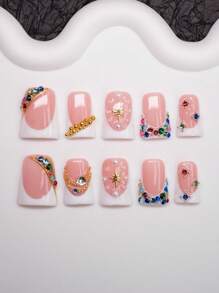 Spring/Summer Handmade Duck-Mouth Nail Art Set, Y2K Baddie Style, Including Nude, White French Tip Nails With White Accent, Multicolor Rhinestones, Pearl, Steel Ball Decorations, 10pcs/Set 3 Sizes, Suitable For Party, Wedding, Daily Wear, Comes With Tool Kit, Great Gift For Women And Girls