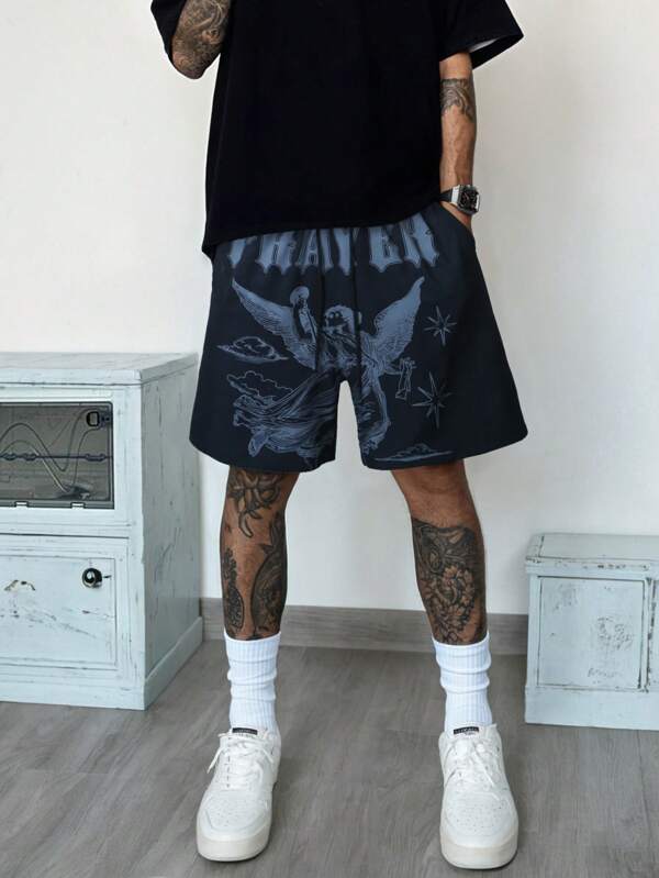 1pc Men's Fashionable Casual Sports Outdoor Woven Shorts With Angel Print, Summer