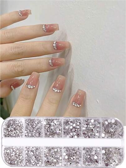 12 Grid Nail Rhinestones 1.5mm-4mm 3D Nail Art Glass Crystal AB + Clear Nail Stones Gems Pearl Crystal Strass 3D Charm Gems Nail Multi-Shape 3D Nail Diamonds For Nail Art Decoration 1 Boxs Nail Art Rhinestones Flatback Rhinestones Pearls Nail Charms For Acrylic Nails Crystals Nail Art Supplies Half Round Design Nail Gems