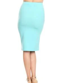 Casual High Waist Slim Stretch Pull-On Bodycon Pencil Solid Midi Skirt - Nước - Xem 3