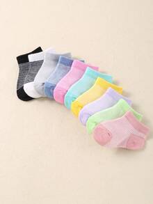 10 Pairs Of Baby Cute, Simple And Unisex Sheer Socks In Random Colors. They Have Jacquard Patterns Of Stripes, Bows And Hearts, And Are Suitable For Both Baby Boys And Baby Girls. These Socks Are Suitable For All Seasons. - Multicolor - View 7