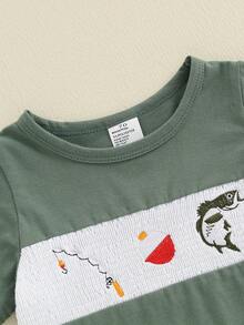 Toddler Baby Boy Fishing Outfit Short Sleeve Crew Neck Shirt And Plaid Elastic Waist Shorts Set Infant Summer Clothes - xanh quân đội - Xem 5