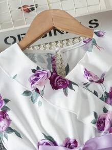 Vestido Floral Cinto Estampado para Meninas, Primavera/Verão