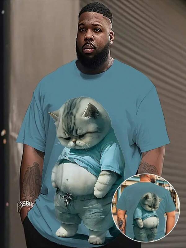 Plus Size Men's Casual Cat Graphic T-Shirt, Short Sleeve, Polyester & Spandex Blend, Machine Washable, Suitable For Summer Outdoor Activities