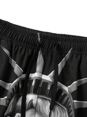 Men's Summer Sports Shorts With Statue Of Liberty Print, Drawstring And Pockets, Casual Workout Shorts