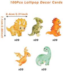 48个恐龙主题棒棒糖装饰插牌，纸质卡片，适用于生日、婴儿派对、婚礼、派对用品、节日装饰、情人节等场合。 - 彩色 - 查看 7