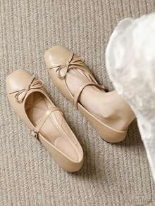 Women's Fashion Square Toe Slip-On Bow Decor Shoes, Office Casual Versatile Ballet Flats, Spring Summer Outdoor Wear, High Quality Vibe, Light Color Party Wedding Flat Shoes - 杏色 - 查看 3