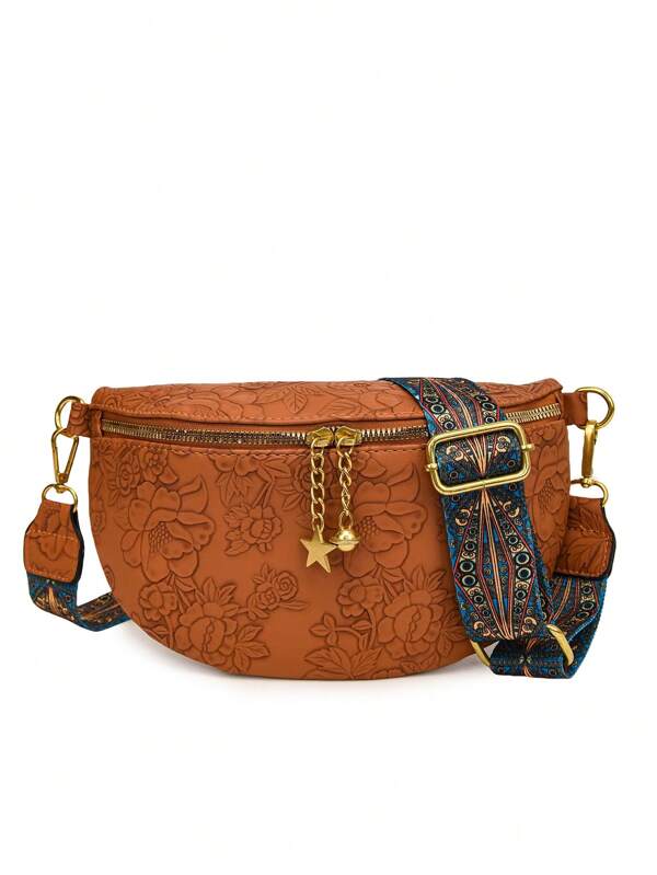 Women's Retro Elegant Chest Waist Bag, Classic Texture Fancy Shoulder Bag, Adjustable Wide Strap, Zipper Pendant, Zipper Closure, Polyester Lining, Bohemian Style Crossbody