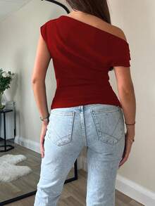 优雅百搭的休闲时尚露肩短款上衣，性感斜肩修身短款时尚吊带背心，夏季必备 - 玫瑰紅 - 查看 5