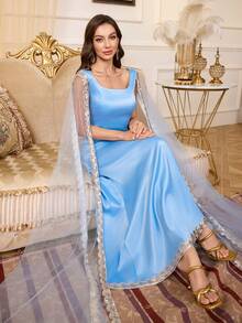 Women's Square Neck Glamorous Mesh Lace & Sequin Panel Dress - Blue - View 1