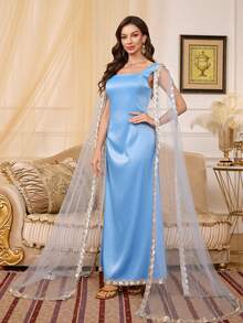 Women's Square Neck Glamorous Mesh Lace & Sequin Panel Dress - Blue - View 4