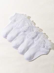 5 Pairs Baby/Girls Socks, Solid Color Simple Kawaii Lace Ruffle Trim Socks, Princess Style, Soft & Comfortable Short Socks, Suitable For Holidays, Back To School, Travel, Daily Matching With Princess Dress
