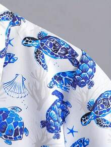 Tween Boy Tropical Beach Holiday , Casual Short Sleeve Blue Turtle & Starfish Print Shirt, Suitable For Outdoor Leisure And Vacation Wear , Travel Essential - Blue - View 7