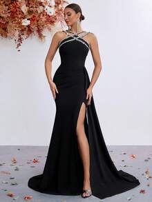 Criss-Cross Rhinestone High Waist Long Flowing Slit Back Lace-Up Ball Gown Evening Dress - Black - View 5