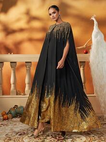 AmazingHoney Elegant Black And Gold Gradient Formal Gown, Handcrafted With Heavy Embellishment, Women's Floor-Length Evening Dress For Prom, Gala, And Weddings,Prom Dresses For Women,Arabian Dresses For Women,Abaya Dress,Kaftan Dress