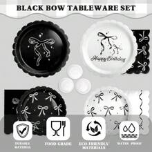 10/20/50/100pcs, Black Bow Plates And Napkins Cups Tableware Sets For Birthday Decorations, Black Birthday Party Supplies Include Straws, Bow Birthday Decorations