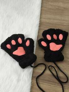 1 Pair Cute Cat Paw Fingerless Gloves, Plush Half-Finger Gloves, Warm & Cold-Resistant, Suitable For Girls Daily Use In Winter (With Rope) - Multicolor - View 15