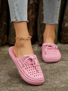 新款时尚透气舒适女士塑料拖鞋，夏季休闲防滑纯色镂空可爱绑带凉鞋，软底轻便防水拖鞋，沙滩装 - 粉色 - 查看 6