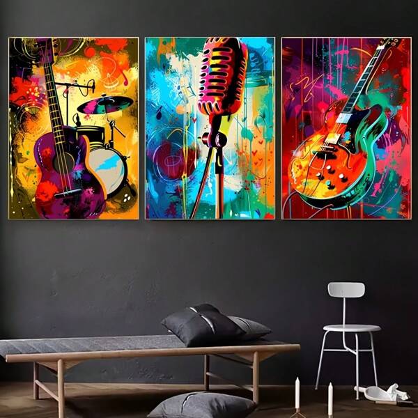 1/3 pièces Affiches d'art mural/Style moderne, Ensemble d'art sur canevas rêve des amateurs de musique, Guitare abstraite, Conception de batterie et microphone, Décoration murale vintage, Convient pour la chambre, le salon, le couloir, avec ou sans cadre