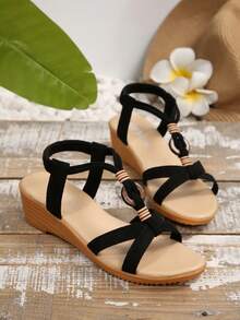 Damessandalen met sleehak, nieuw, handgemaakte sandalen met kralen, open teen en middelhoge hak, zwart - Zwart - Bekijken 4