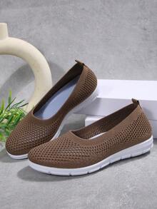 休闲刺绣透气一脚蹬平底鞋，夏季新款棕色圆头户外步行鞋，时尚百搭舒适轻便帆布鞋 - 咖啡棕 - 查看 7