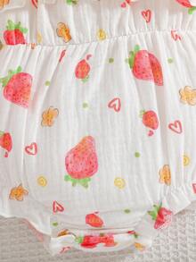 Newborn Baby Girls Summer Cute Sweet Ruffled Strawberry Print Cotton Bodysuit And Headband - Multicolor - View 6