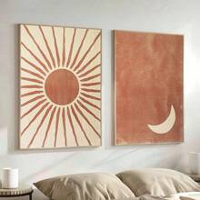 1/2 pièces Ensemble d'affiches murales en canevas art bohème soleil et lune avec/sans cadre, décoration murale abstraite bohème minimaliste en terre cuite, convient pour dortoir, salon, appartement, chambre à coucher, maison moderne - Multicolore - Voir 4