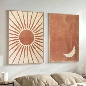 Set Of 2 Unframed Boho Moon Sun Wall Art Canvas Poster Print Minimalist Terracotta Bohemian Abstract Art Aesthetic Decor Painting For Dorm,Living Room,Apartment,Bedroom,Modern Home Decoration