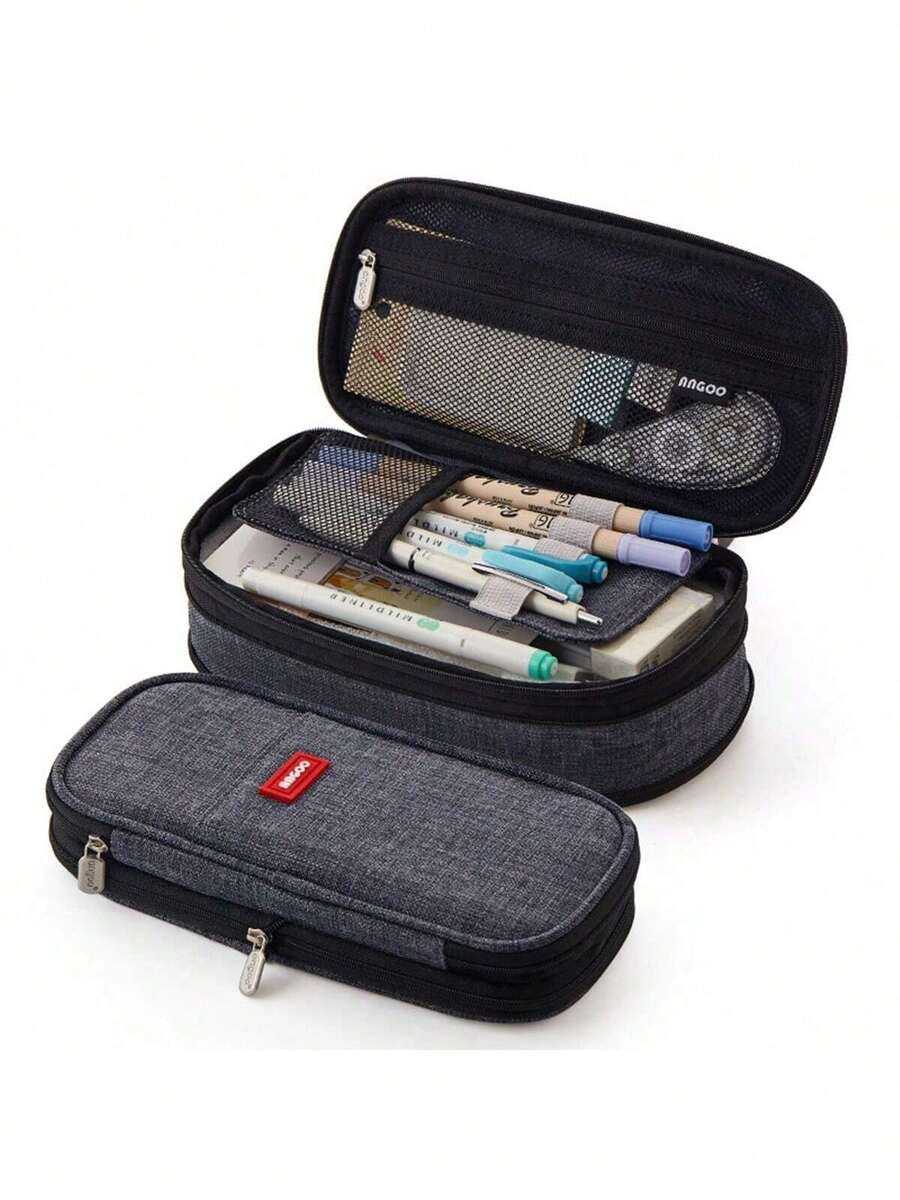 Estuche para lápices de gran capacidad en color negro, adecuado para estudiantes, artículos de papelería, vuelta al colegio, mochila - Negro - Ver 1