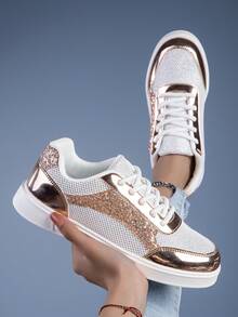 Spring/Summer New Round Toe Lace-Up Rose Gold Shiny Sneakers For Women, Academic Style Breathable Athletic Sports Shoes, Comfortable Fashion Student - Rose Gold - View 3
