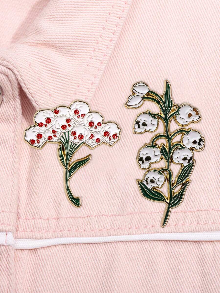 2Pcs Punk Skull Flower Enamel Pins Women's Brooches Lapel Pins Badge On Backpack Costume Accessories Jewelry Gift - Multicolor - View 1